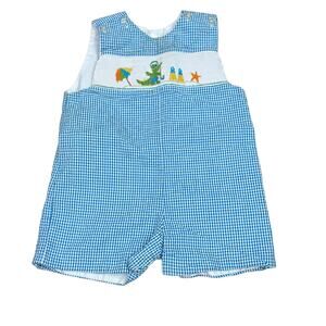 Velani Light Blue Check Smocked Green Alligator Day at Beach Jon Jon 12Months